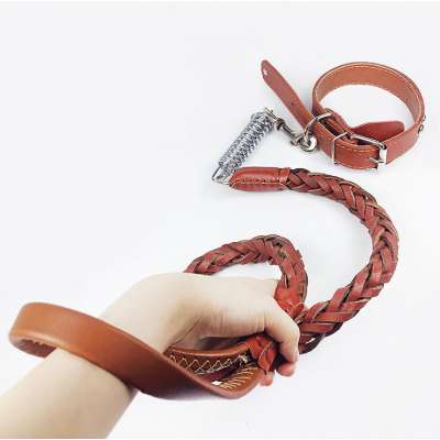 Pet Leather Spring Braided Dog Leash Collar Set Large And Medium Dogs